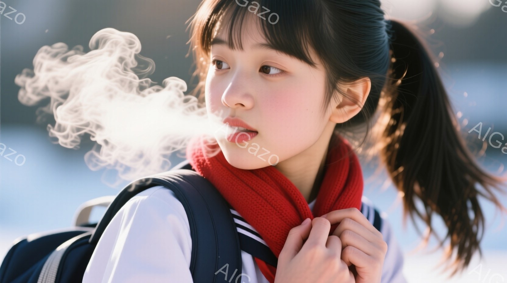 ポニーテールで赤いマフラーを巻いた若い女性が写っています。彼女は白い制服を着ており、口から白い息を吐き出しており、冬の寒さを感じさせます。背景はぼやけていますが、日中の屋外で、おそらく学校の近くの風景が見えます。