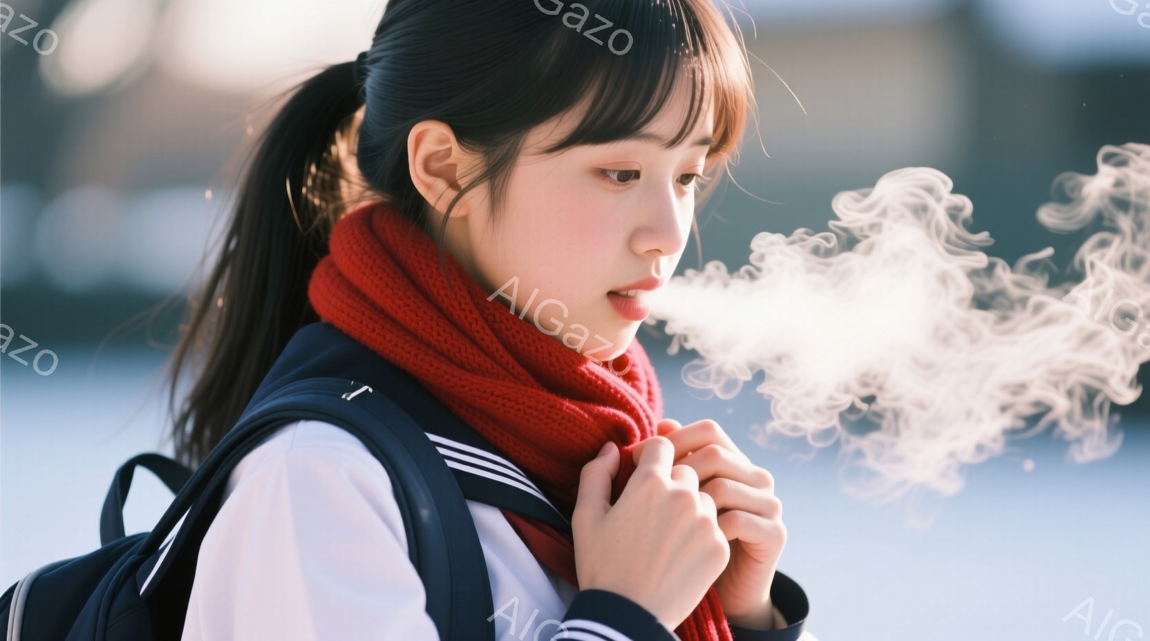 若い女性が寒さで息を吐いている様子が写っている。彼女は白いシャツにネイビーのストライプが入ったジャケット、そして赤いマフラーを身につけ、黒いリュックを背負っている。背景はぼやけており、冬の屋外の光景であると推測できる。