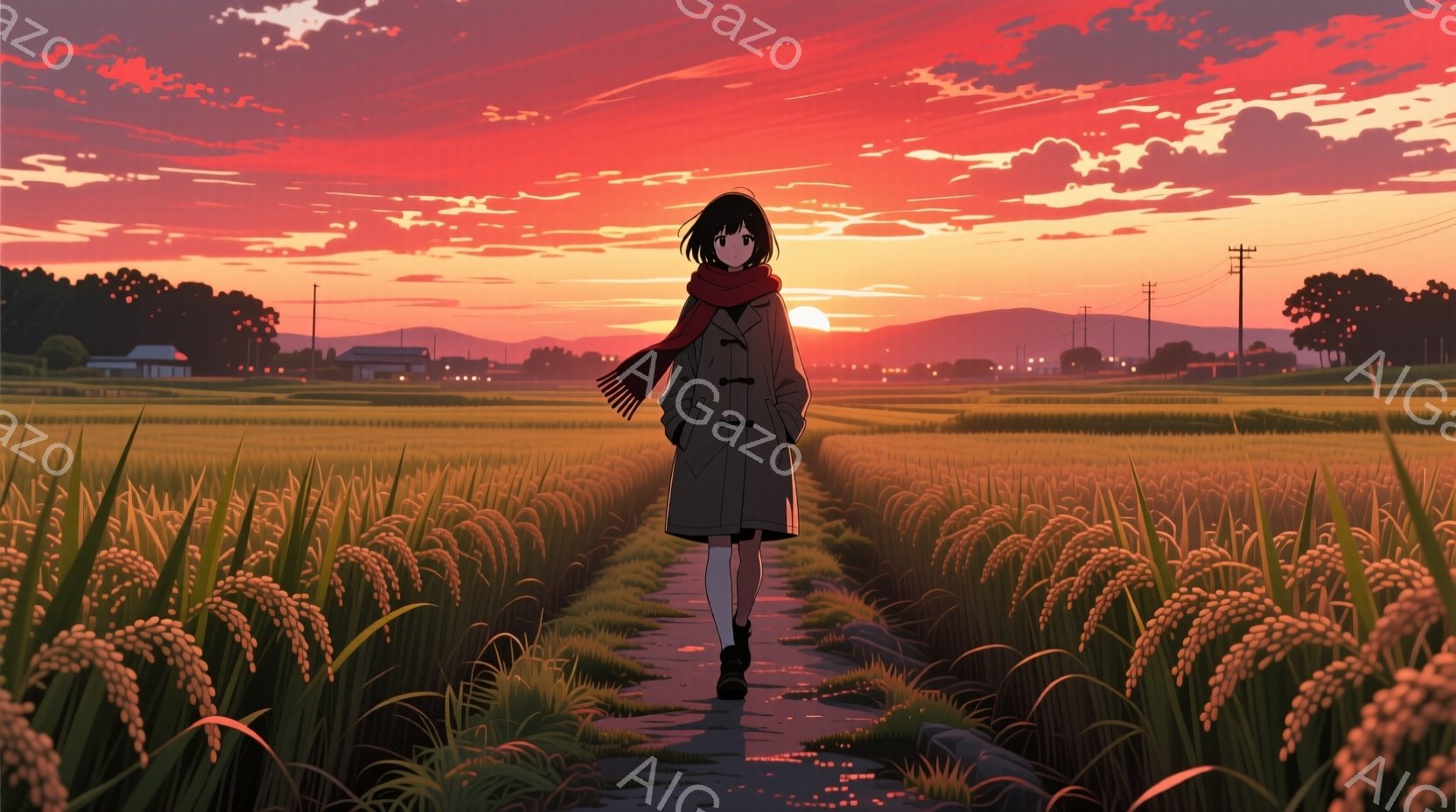少女は、麦畑の中を一人、道を歩いている。黒髪で、赤いマフラーを巻き、丈の長いコートを着ている。背景は夕焼け空で、麦畑は黄金色に輝き、全体的に寂しげでノスタルジックな雰囲気が漂っている。