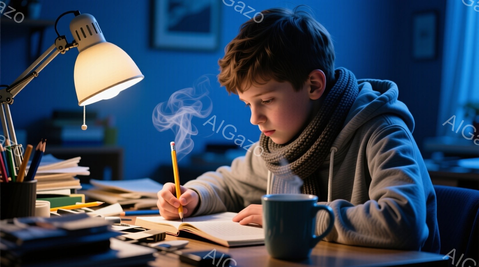 茶色の巻き毛の少年が、机に向かって本に鉛筆で書き込んでいる。彼は灰色のパーカーと厚手のスカーフを着ており、暖かい飲み物から立ち上る蒸気が目に留まる。背景には本や鉛筆が散らばり、勉強に集中している様子が伝わる、落ち着いた雰囲気の室内だ。
