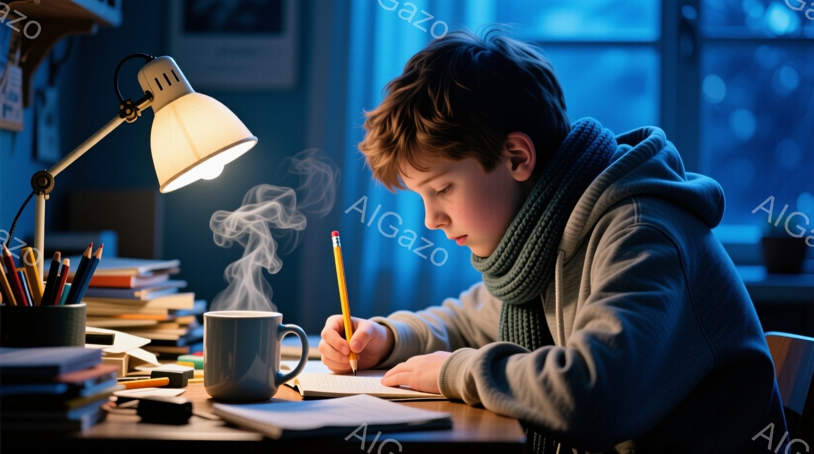 少年は、丸い黒髪で、濃いグレーのセーターとストライプのショールを身に着けて、机に向かっています。彼は集中してペンを握り、ノートに何かを書き込んでおり、熱い飲み物の入ったマグカップが傍らに置かれています。背景は暗く、机の上のランプが少年の顔を照らし、勉強に励む静かで集中した雰囲気を醸し出しています。