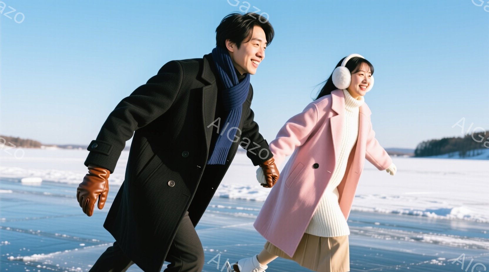 凍った湖の上を男女が手をつないでスケートを楽しんでいる様子が写っている。男性は黒いコートに茶色の手袋、女性はピンクのコートと白い帽子を着用しており、共に笑顔を浮かべている。背景は雪景色が広がり、遠くには木々が見え、晴天の下、冬の暖かさと楽しさが伝わる雰囲気である。
