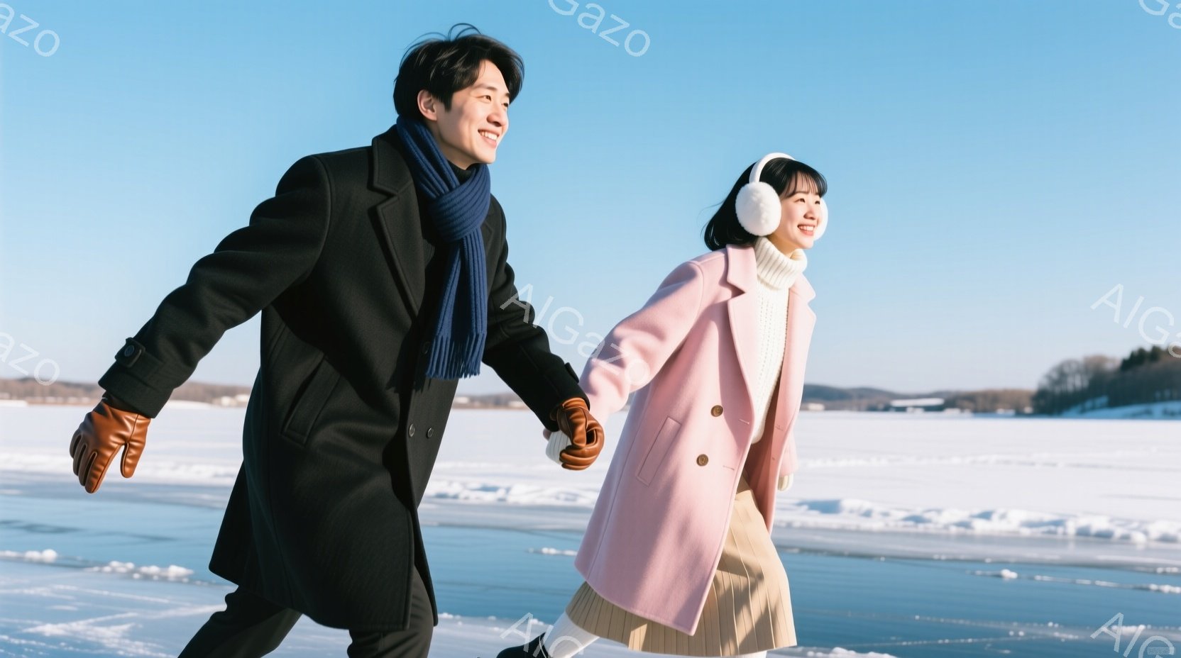 凍った湖の上を、若い男女が手をつないで走っている。男性は黒いコートにネイビーのストール、革の手袋を着用し、笑顔を見せている。女性はピンク色のコートに白いニット、耳当てをつけ、楽しそうに走っている背景は雪景色で、晴天の下、冬の暖かな雰囲気が漂っている。