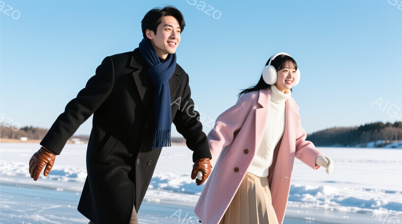凍った湖の上を、一対の男女が手をつないで歩いている。男性は黒いコートに青いマフラー、革の手袋を着用し、女性はピンク色のコートに白いニット、ヘッドホンを付けている。背景には雪景色が広がり、晴天の下、温かく幸せな雰囲気が漂っている。