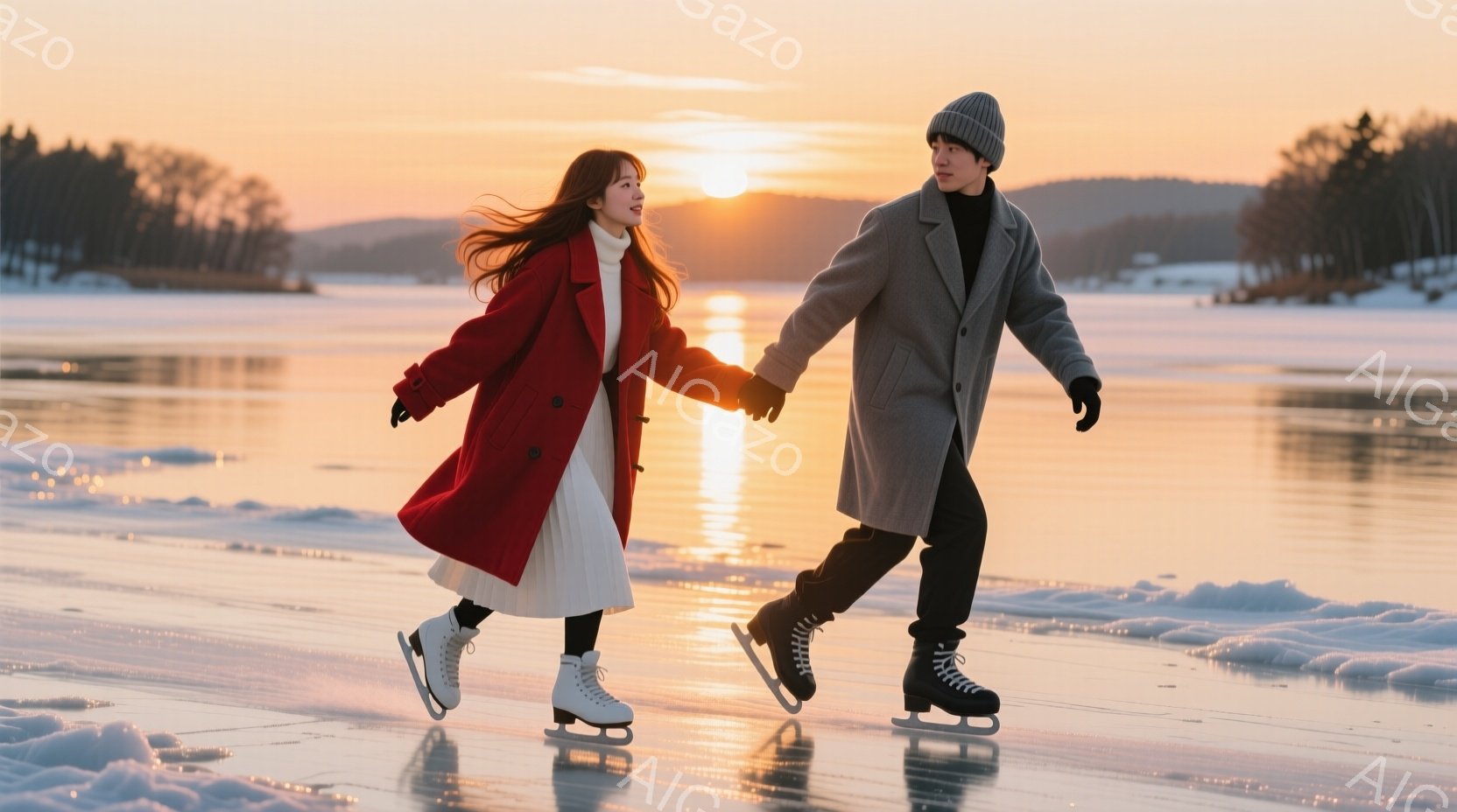 鮮やかな赤いコートを着た女性と、グレーのコートを着た男性が、凍った湖の上で手をつないでスケートを楽しんでいる。女性は長い髪を後ろでなびかせ、男性は黒い帽子をかぶっている。背景には、夕焼けに照らされた木々と雪景色が広がり、暖かくロマンチックな雰囲気を醸し出している。
