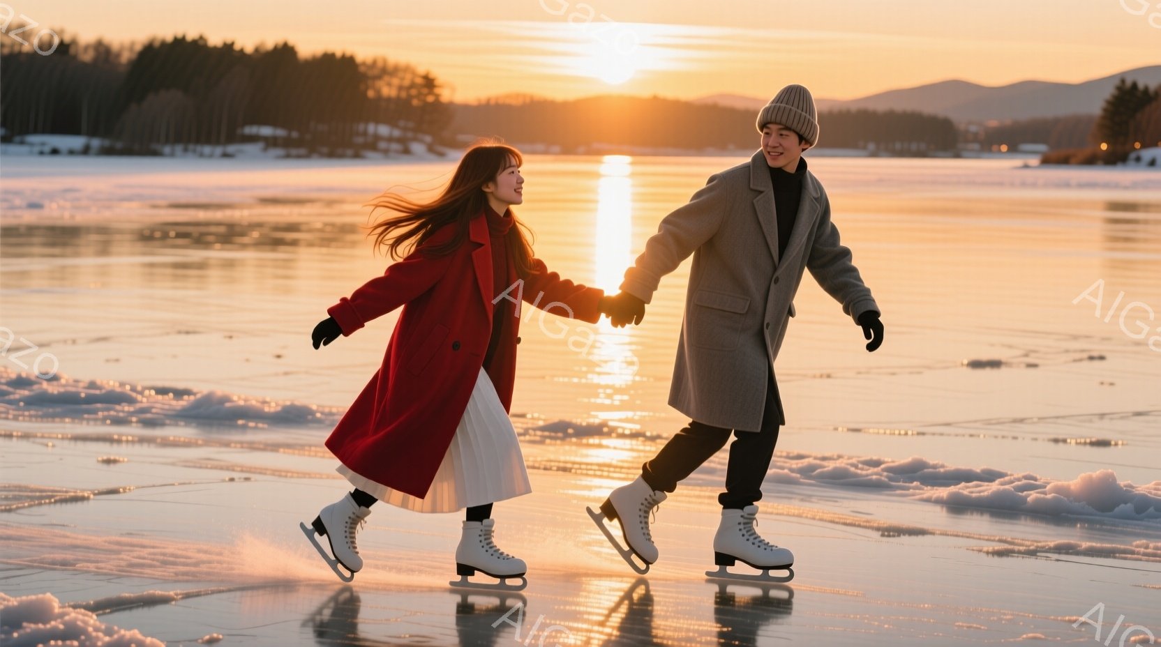 長い茶髪をなびかせた女性は赤いコートと白いスカート、スケート靴を履いて氷上を滑っている。男性は黒いニット帽とコートを着用し、女性と手をつないで同じように滑っている。背景には雪景色が広がり、夕焼け空が幻 - AI生成フリー素材