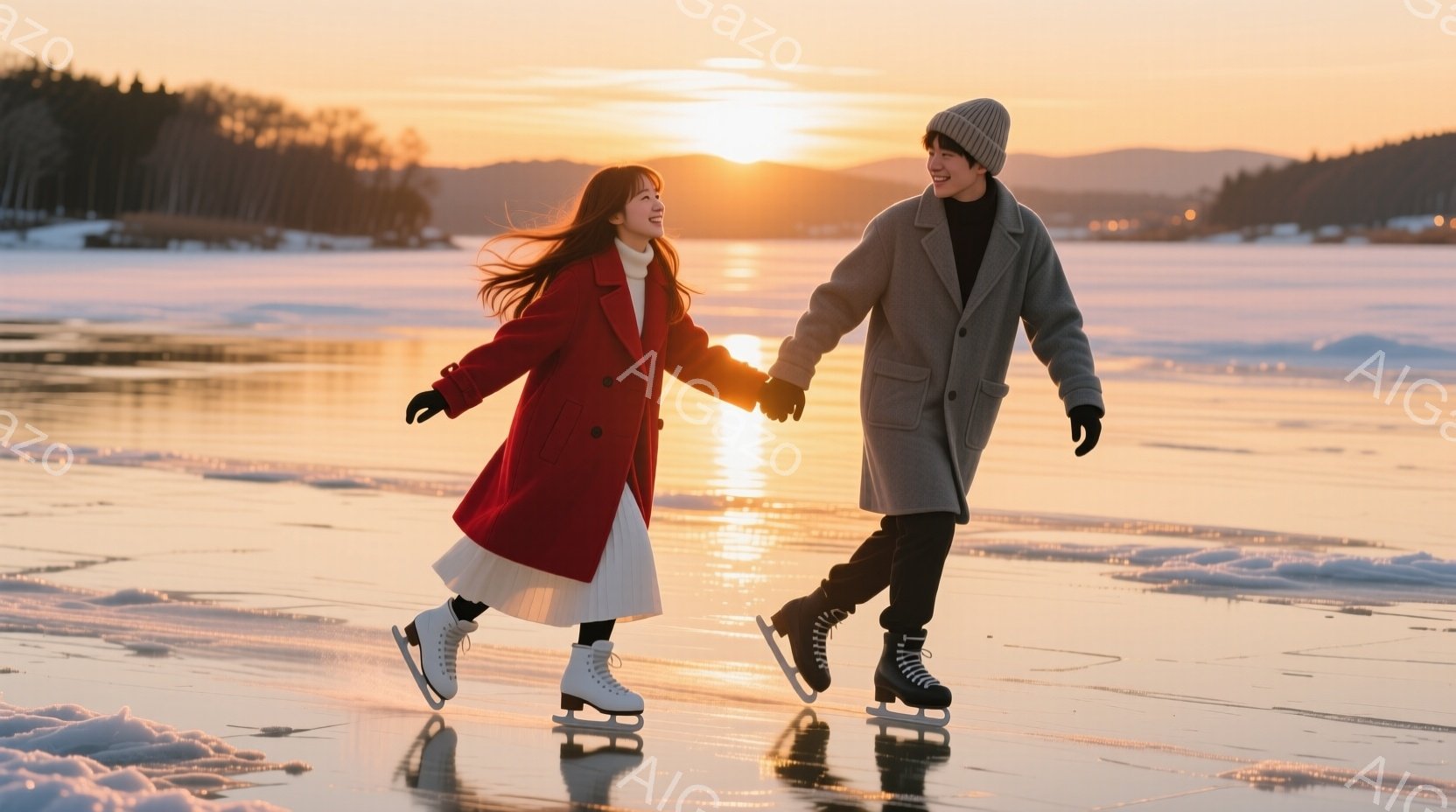 鮮やかな赤いコートを着た女性と、グレーのコートを着た男性が、凍った湖の上で手をつないでスケートを楽しんでいる。女性は長い髪をなびかせ、笑顔で前を見つめ、男性も優しい表情で彼女を見ている。背景には雪をま - AI生成フリー素材