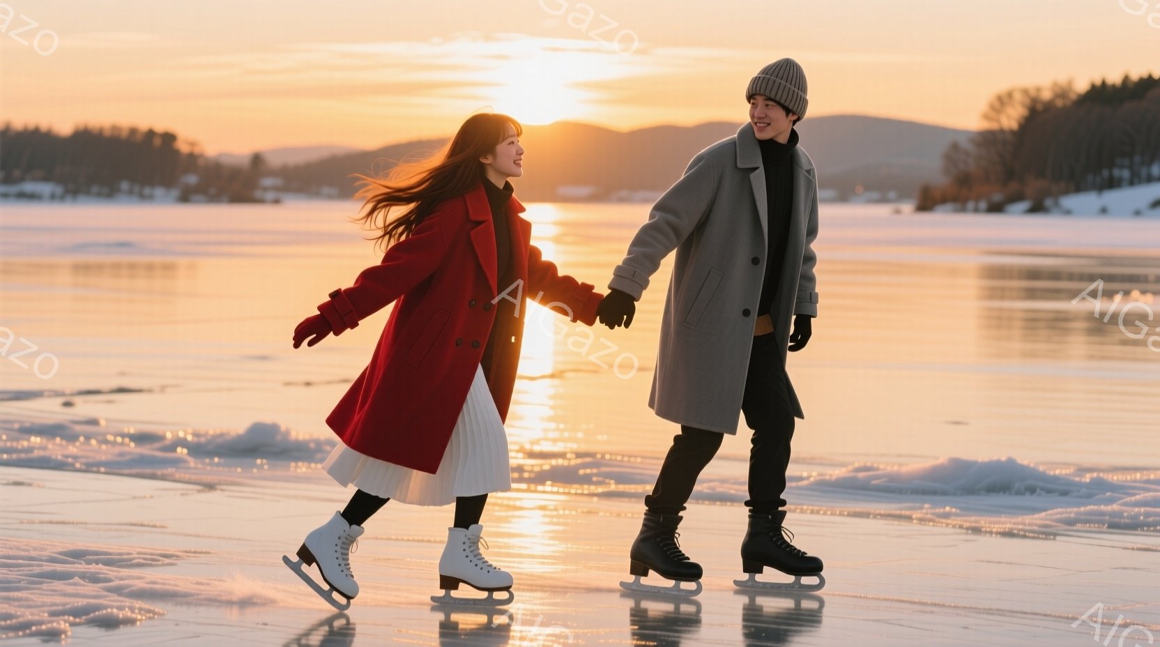 鮮やかな赤いコートを着た女性と、グレーのコートを着た男性が、凍った湖の上で手をつないでスケートを楽しんでいる。女性は長い髪をなびかせ、男性はニット帽をかぶり、二人はともに笑顔で楽しげな様子が伺える。背 - AI生成フリー素材