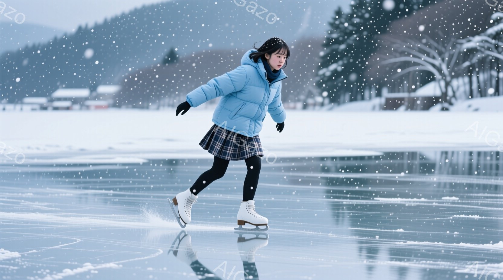 屋外のスケートリンクでスケートをする若い女性が写っています。彼女はターコイズブルーのパフジャケット、チェック柄のスカート、黒いレギンス、白いスケート靴を身につけ、髪は後ろでポニーテールにまとめられています。背景には、雪に覆われた木々と建物が見え、雪が舞い散る冬の景色が広がっています。