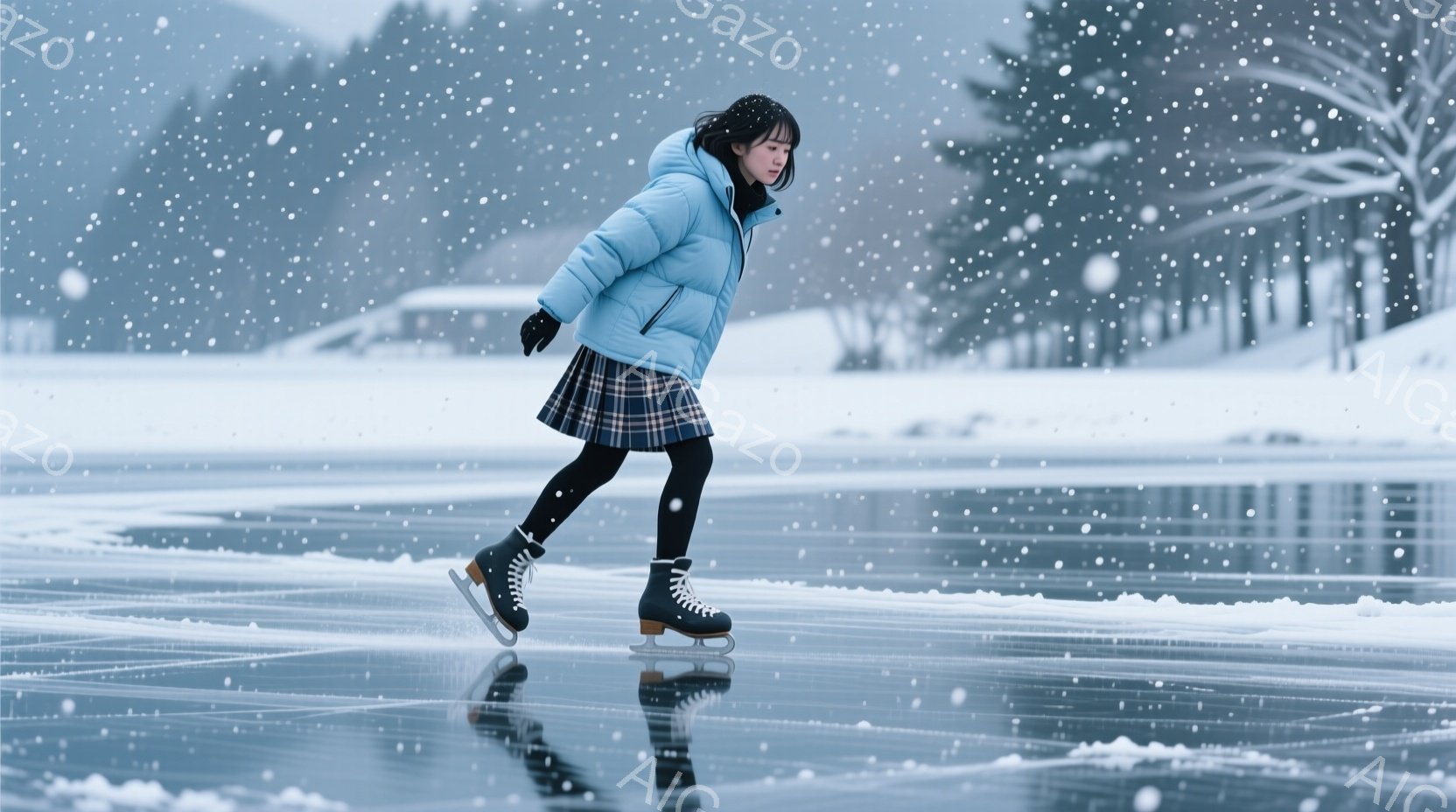 少女が氷上を滑っている様子が写っている。彼女はターコイズブルーのダウンジャケットとチェック柄のスカートを着用し、黒い手袋とアイススケートを履いている。背景には雪に覆われた木々と、ぼやけた建物が見え、雪 - AI生成フリー素材