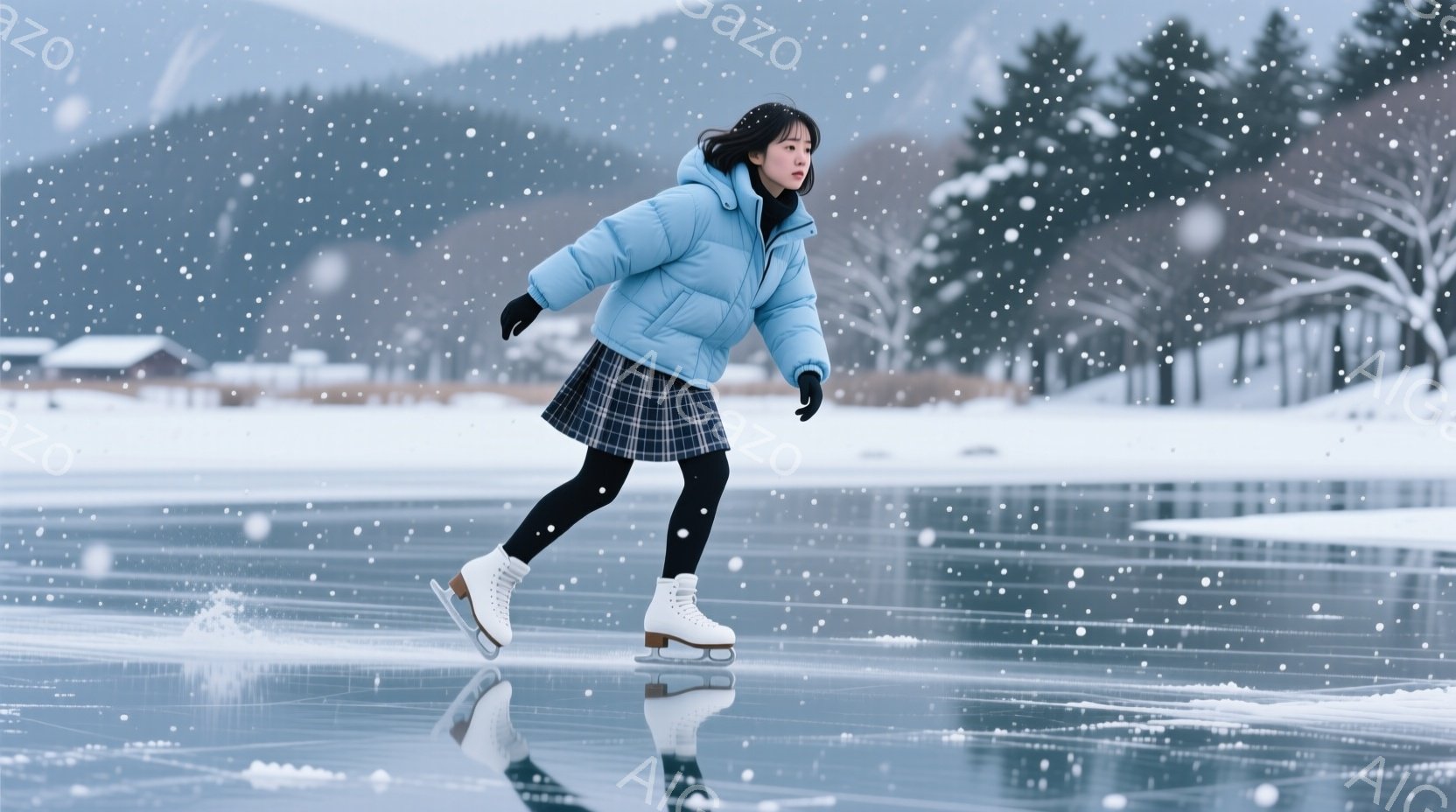氷上を滑る若い女性が写っています。彼女はターコイズブルーのパファーダウンジャケットとチェック柄のスカート、黒いレギンスを着用し、白いスケート靴を履いています。背景には雪に覆われた建物と山々がぼやけ、雪が舞い散る冬の寒々とした雰囲気です。