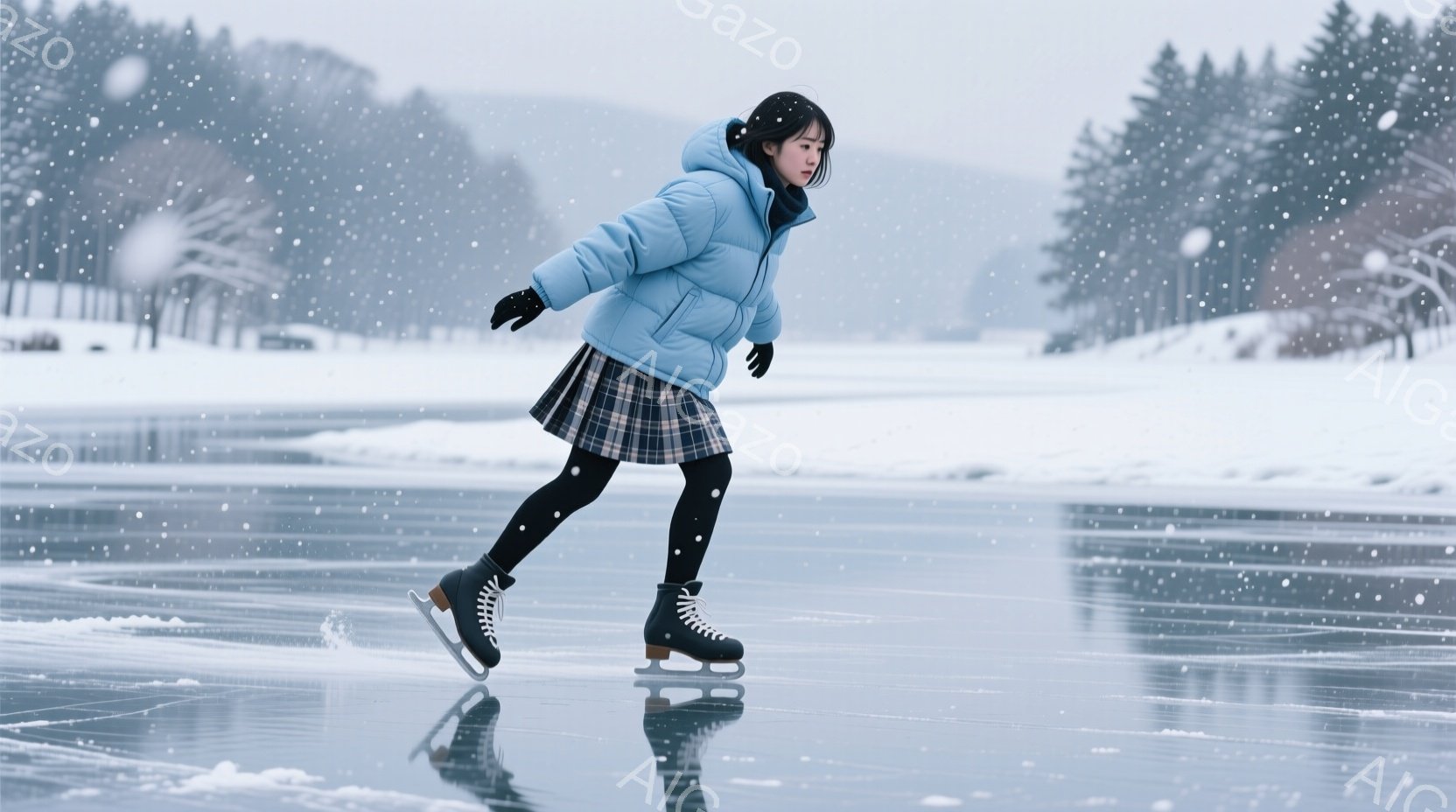少女は凍った湖の上でスケートを楽しんでいます。彼女はターコイズブルーのパフジャケット、チェック柄のスカート、黒いタイツ、そして茶色のスケート靴を履いており、髪は後ろで結ばれています。背景には雪で覆われ - AI生成フリー素材