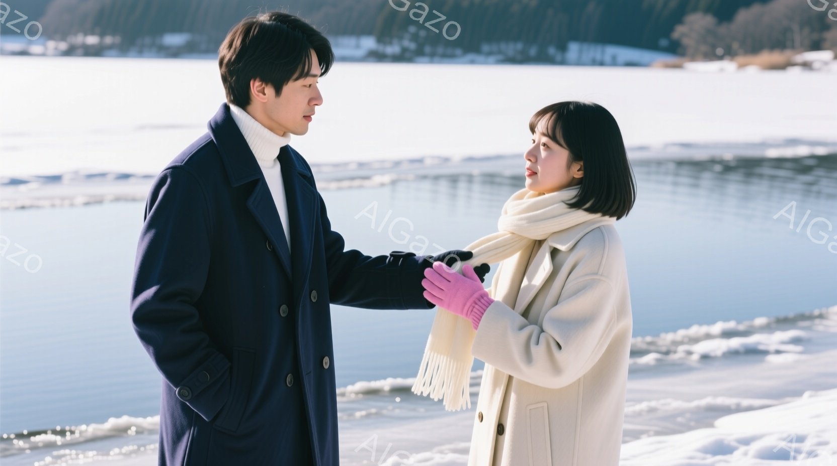 コートを着た若い男女が写っています。男性は濃い青色のコートを着ており、女性は白いコートとオフホワイトのショールを首に巻いています。背景は凍った湖と雪景色で、冬の穏やかな雰囲気を醸し出しています。