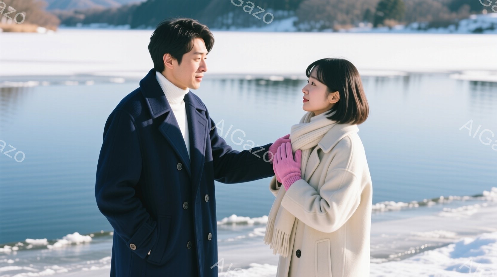 紺色のコートを着た男性と、白いコートを着た女性が並んで立っています。男性は女性の肩に手を置き、二人とも穏やかな表情で互いを見つめ合っています。背景には、氷点下の湖と雪を頂いた山々が広がり、静かでロマンチックな雰囲気を醸し出しています。
