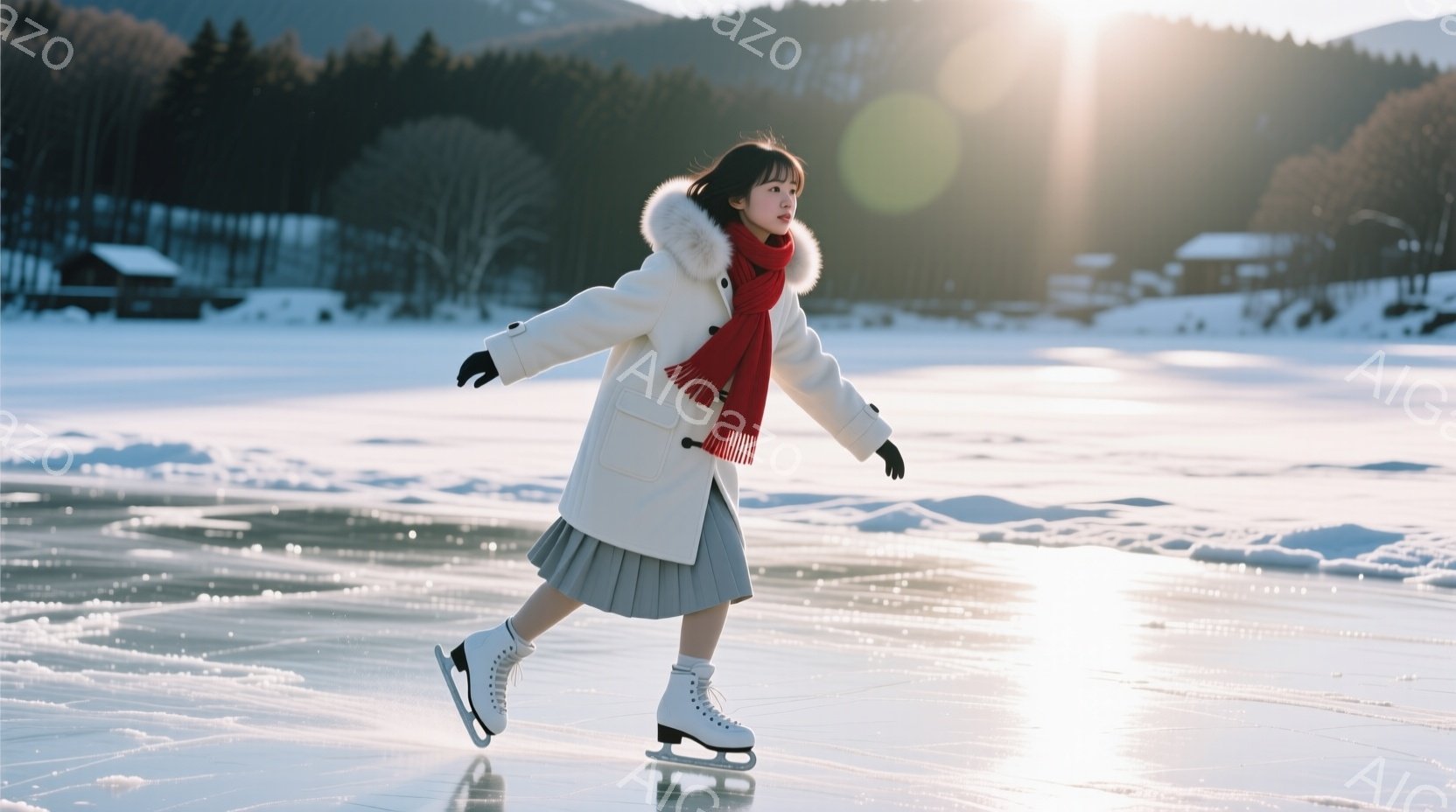 白い冬のコートと灰色のプリーツスカートを身につけた女性が、凍った湖の上でスケートをしている。彼女は黒い手袋と白いブーツを着用し、赤いスカーフが風に舞っている。背景には雪に覆われた木々と、ぼんやりとした建物が見え、冬の穏やかな雰囲気を醸し出している。