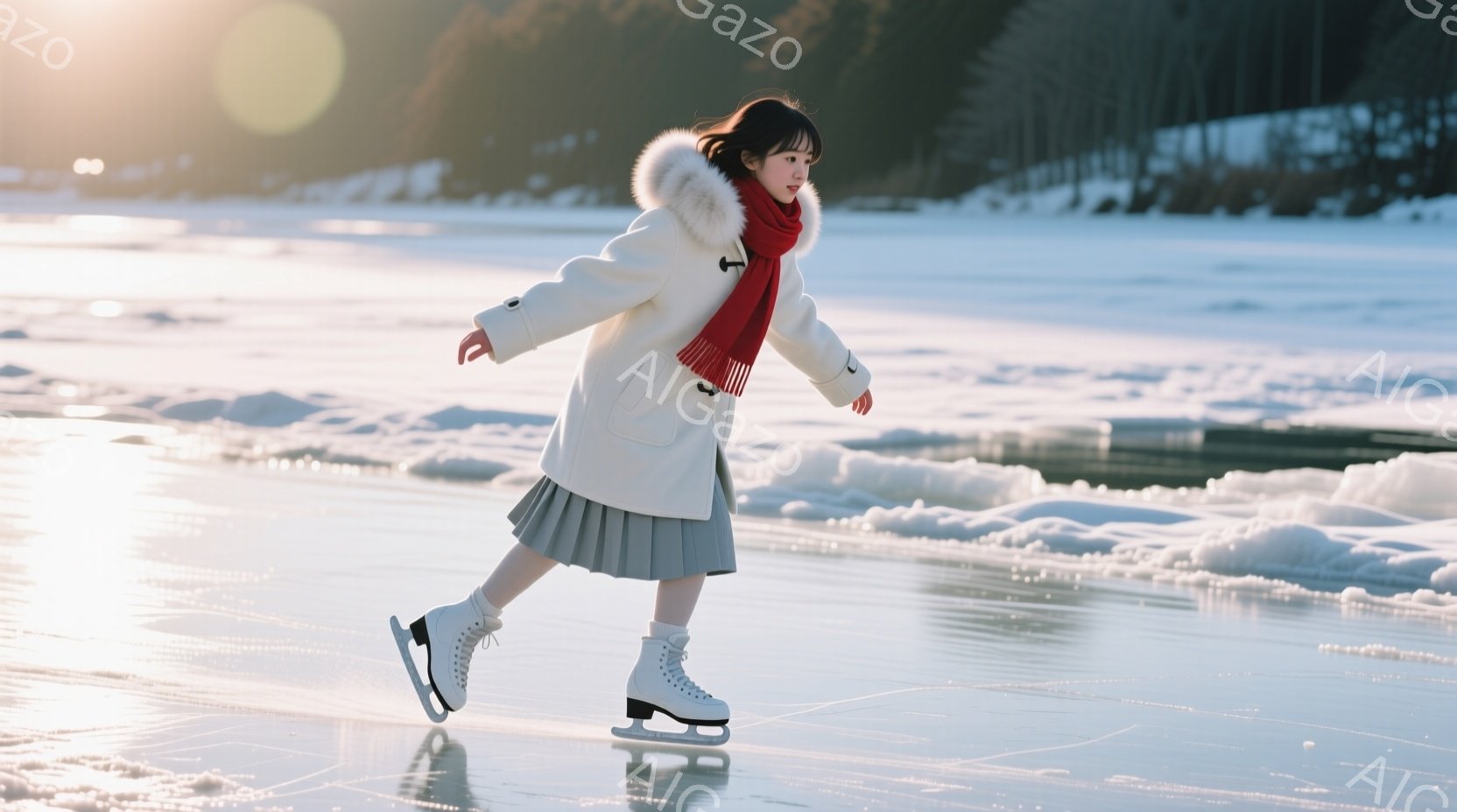 白いファー付きのコートとグレーのプリーツスカートを身につけた女性が、凍った湖の上でフィギュアスケートを楽しんでいる。彼女は赤いマフラーを巻き、髪を後ろでまとめており、少し微笑んでいるように見える。背景 - AI生成フリー素材