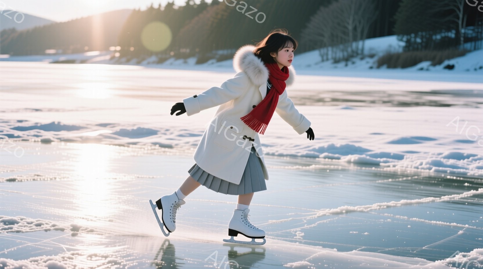 白い冬のコートとグレーのスカートを身につけた女性が、凍った湖の上でフィギュアスケートをしている。彼女は長い黒髪を後ろでまとめており、顔には微笑みが浮かんでいるように見える。背景には雪景色が広がり、遠く - AI生成フリー素材