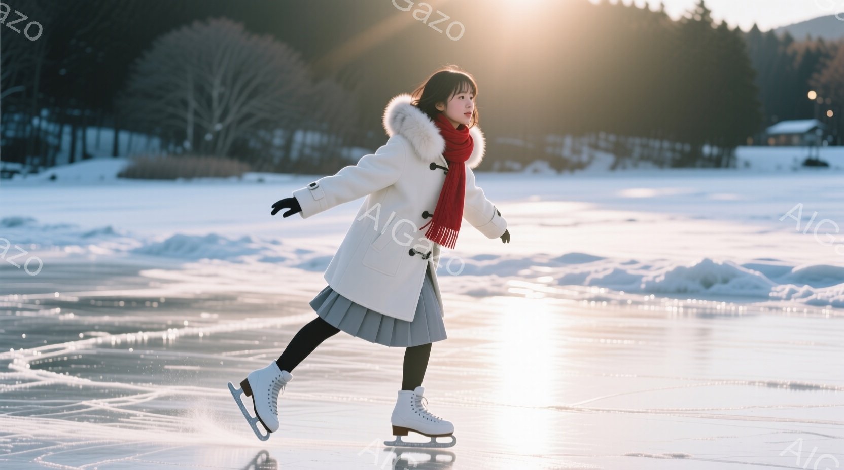 白いコートとグレーのスカートを着た女性が、凍った湖の上でフィギュアスケートをしている。彼女は黒い手袋と白いスケート靴を履き、赤いマフラーを巻いている。背景には雪に覆われた木々と建物があり、夕日のような - AI生成フリー素材