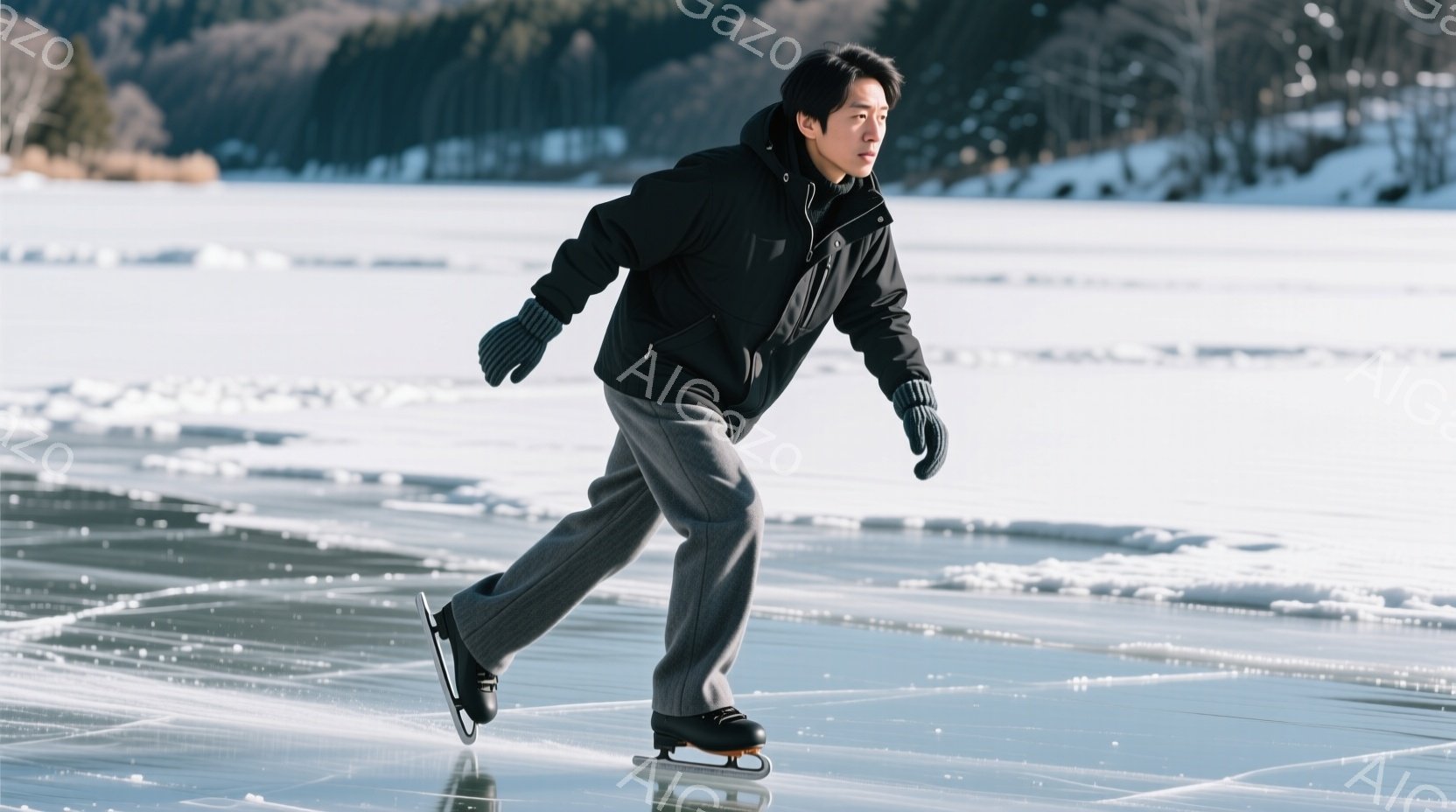 凍った湖の上を男性がスケートをしている写真です。彼は黒のジャケットとグレーのズボン、黒の手袋を着用し、前かがみの姿勢で滑走しています。背景には雪に覆われた木々が広がり、晴天の下、冬の静寂な雰囲気が漂っています。