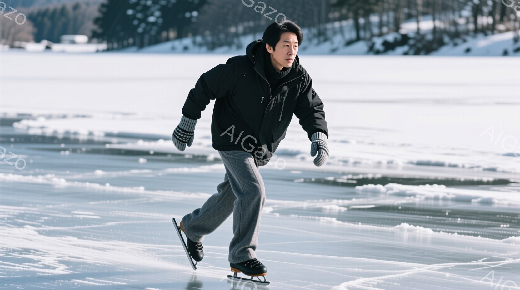 凍った湖の上を男性がスケートをしている写真です。彼は黒のジャケットとグレーのズボンを着用し、黒い手袋とスケート靴を履いています。背景には雪に覆われた山々と、ぼんやりと見える建物があり、冬の寒々とした、 - AI生成フリー素材