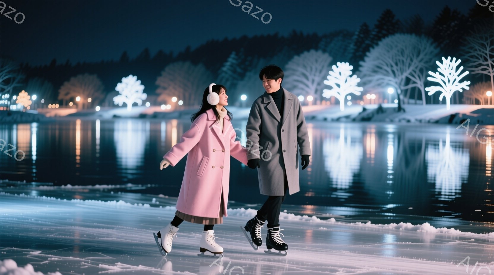 若い男女が氷上をスケートしている様子が描かれています。女性はピンク色のコートに白いヘッドフォンを着用し、男性はグレーのコートを着ています。背景には、ライトアップされた木々と凍った湖面が広がり、冬の夜の - AI生成フリー素材