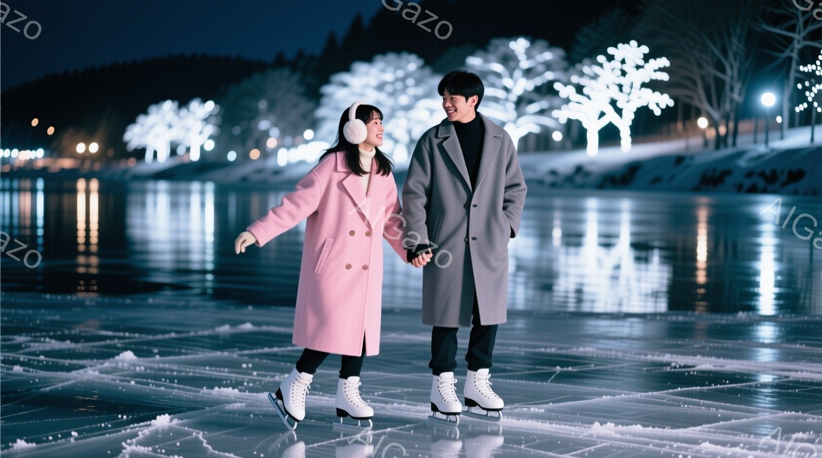 若い女性と男性がアイススケートリンクで手をつないで滑っています。女性はピンク色のコートに黒いレギンス、白いスケート靴を履き、ヘッドホンをしています。背景には、ライトアップされた木々と暗い空が広がってお - AI生成フリー素材