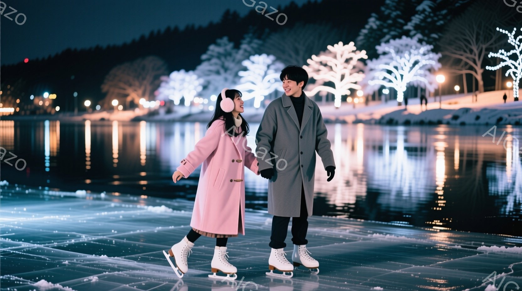 リンクの上で、ピンクのコートを着た若い女性とグレーのコートを着た若い男性が手をつないでスケートを楽しんでいます。女性は白い帽子をかぶり、男性は笑顔で、二人は親しげな雰囲気です。背景には、ライトアップさ - AI生成フリー素材