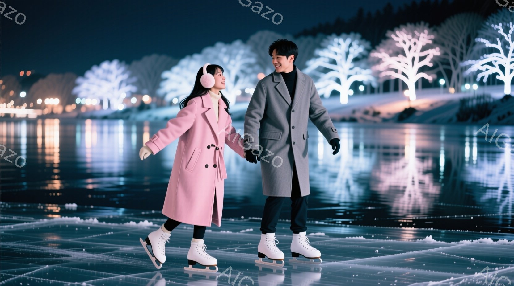 アイススケートリンクで、ピンクのコートを着た女性とグレーのコートを着た男性が手をつないで滑っています。女性は長い黒髪で、ヘッドホンを着用し、笑顔で楽しそうです。背景には、ライトアップされた木々と、水面に反射する光が広がり、ロマンチックで温かい雰囲気が漂っています。