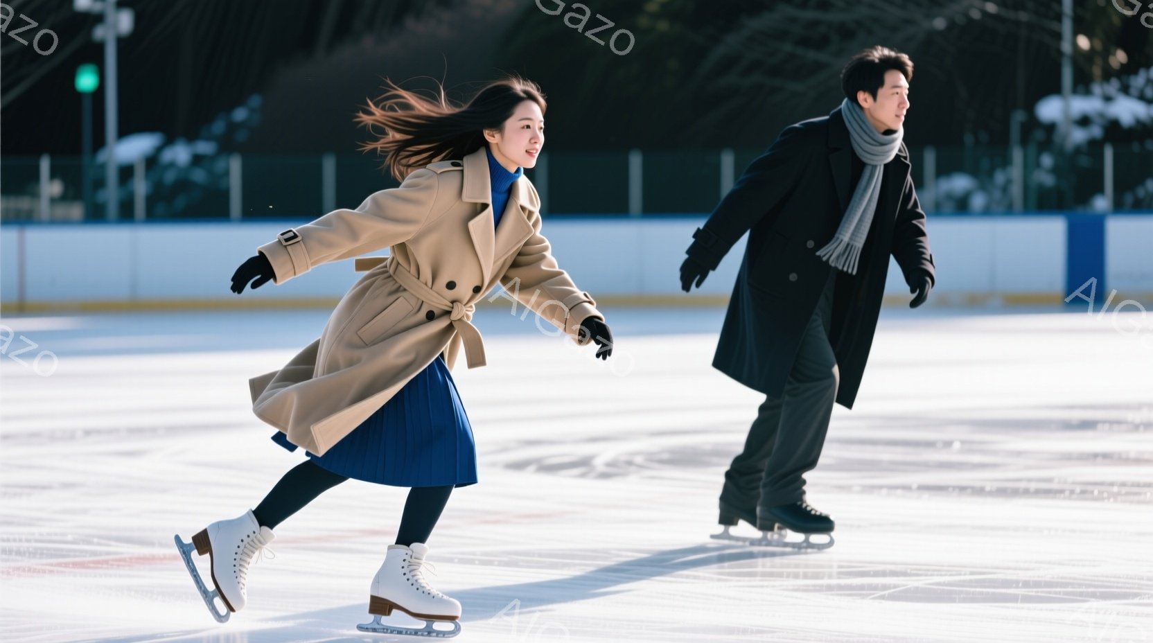 長い茶色のコートと濃い青色のスカートを着た女性と、黒いコートに灰色のマフラーを巻いた男性がアイススケートリンクで滑っている。女性は髪を後ろでまとめ、滑ることに集中して前を見つめている。背景には、薄暗い木々と薄い空が見え、冷たい冬の日の穏やかな雰囲気が漂っている。
