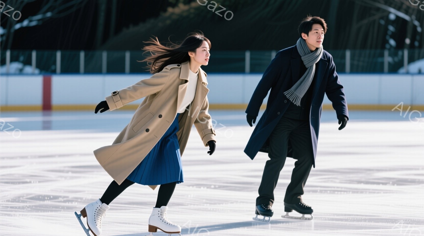 長い黒髪をなびかせた女性は、ベージュのロングコートと紺色のスカート、白いスケート靴を身に着けて氷上を滑っている。男性は黒いコートに灰色のマフラーを巻き、同じようにスケートを楽しんでいる。背景は滑らかな - AI生成フリー素材