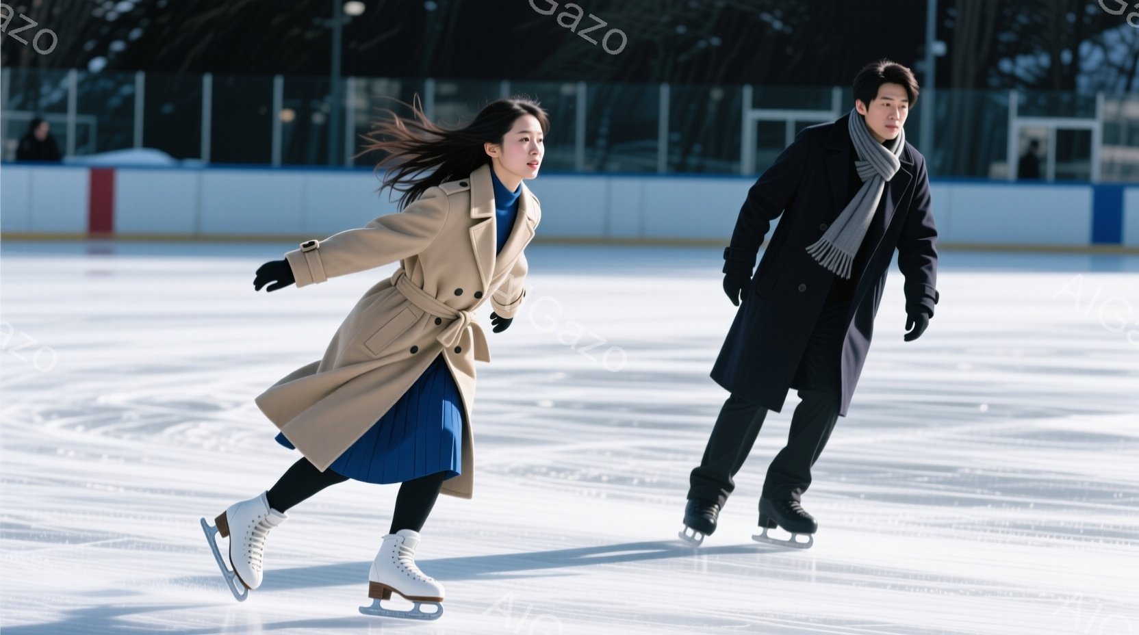 氷上を滑る若い女性と男性が写っています。女性はベージュ色のコートと紺色のスカートを着用し、髪を後ろで束ねています。男性は黒いコートとグレーのマフラーを身につけ、二人は楽しそうに滑っています。