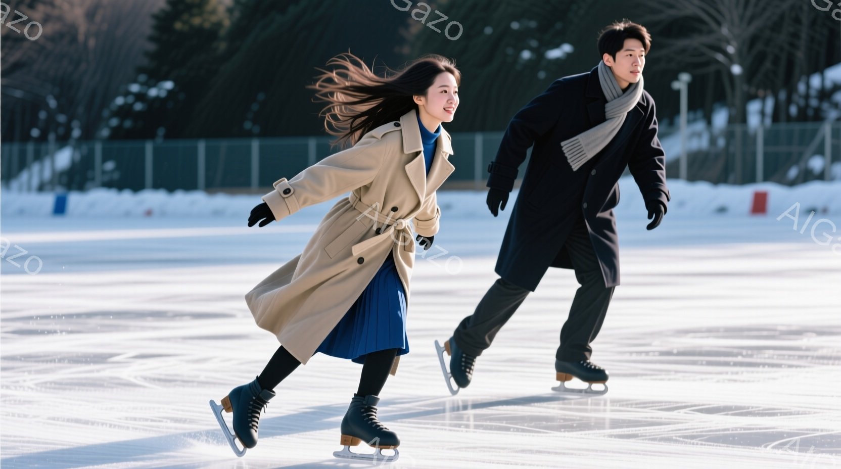 長い髪を後ろに流した女性は、ベージュ色のトレンチコートと紺色のスカート姿でスケートリンクを滑走している。男性は黒いコートとジーンズ姿で、女性と並んで滑っているが、顔ははっきりとは見えない。背景には雪景 - AI生成フリー素材