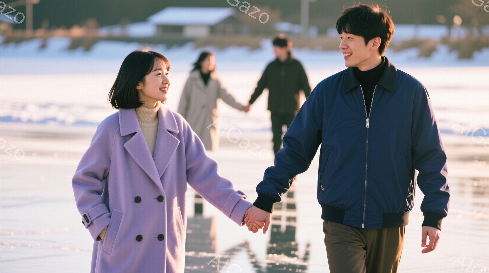 若い女性と男性が手をつないで砂浜を歩いている。女性は明るい紫色のダブルブレストコートに、男性は濃い青色のジャケットを着ており、二人とも笑顔を浮かべている。背景にはぼやけた建物と、夕焼けのような光が反射 - AI生成フリー素材