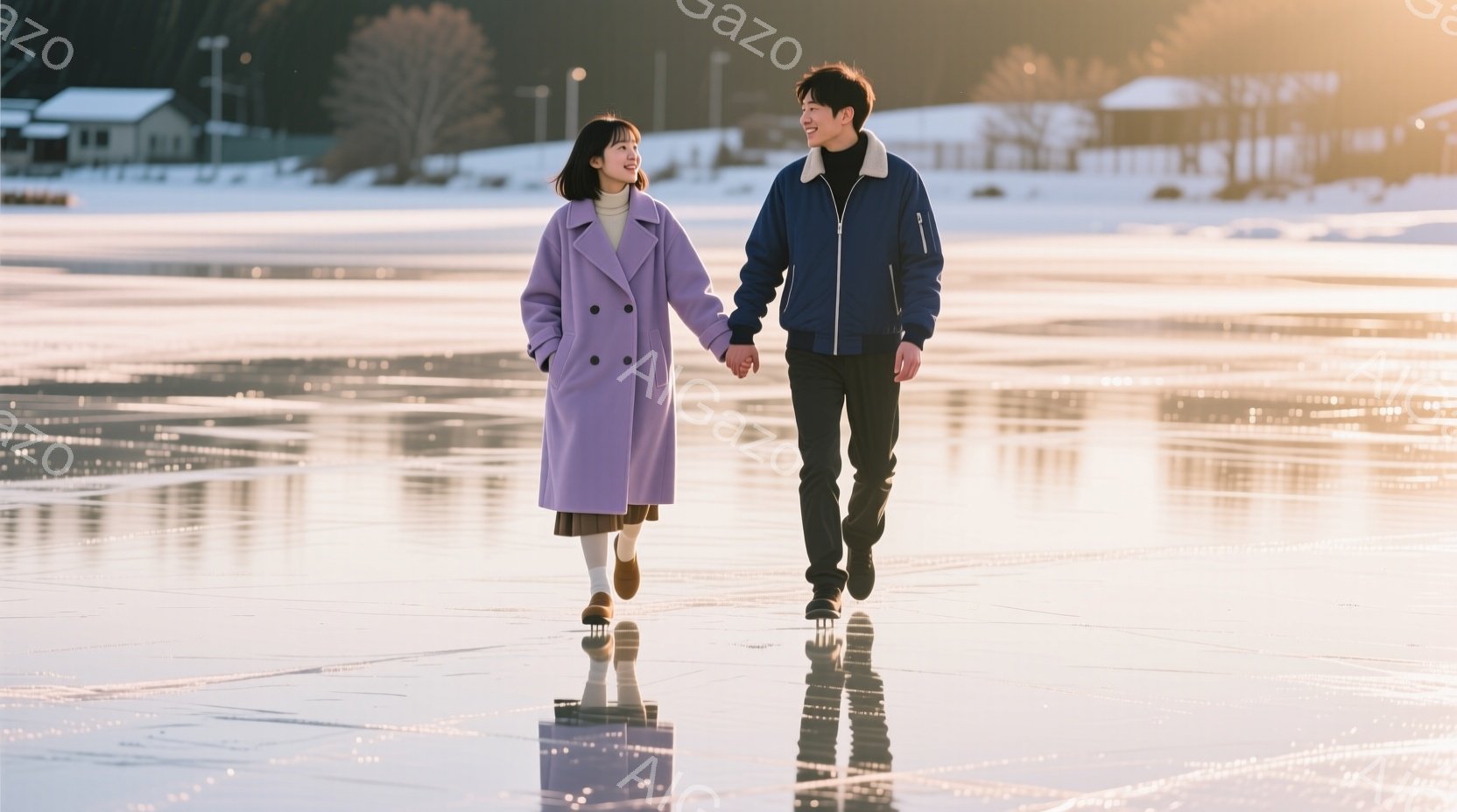 凍った湖の上を、若い男女が手をつないで歩いている。女性は薄紫色のコートにスカート、男性は濃紺のジャケットと黒いズボンを着用しており、共に明るい笑顔を浮かべている。背景には雪に覆われた建物と木々が見え、冬の穏やかな雰囲気が漂っている。