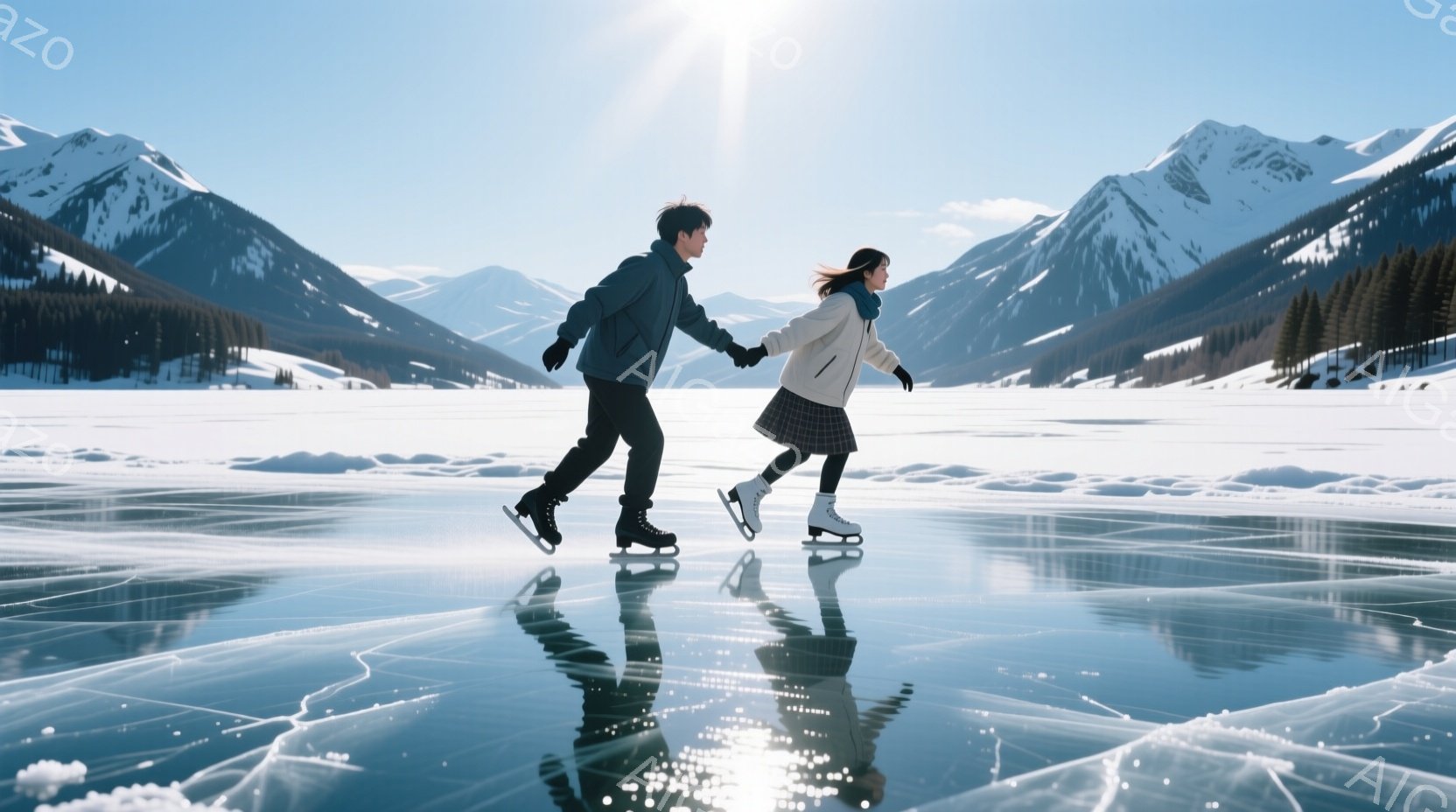 氷上に立つ男女がスケートを楽しんでいる様子が描かれています。男性は黒いジャケットとズボンを着用し、女性は緑色のスカートに白いジャケット、髪は後ろで結ばれています。背景には雪を抱いた山々が連なり、晴天の - AI生成フリー素材