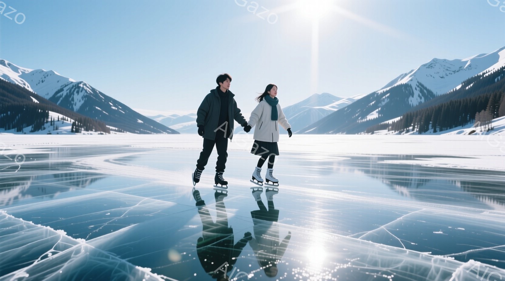 氷上に立つ男女が手をつないでスケートを楽しんでいる様子が写っている。男性は黒いジャケットとズボン、女性は白いジャケットと黒いスカートを着用しており、どちらも黒い手袋とスケート靴を履いている。背景には雪を頂いた山々が連なり、青空と氷のコントラストが美しい冬の風景が広がっている。