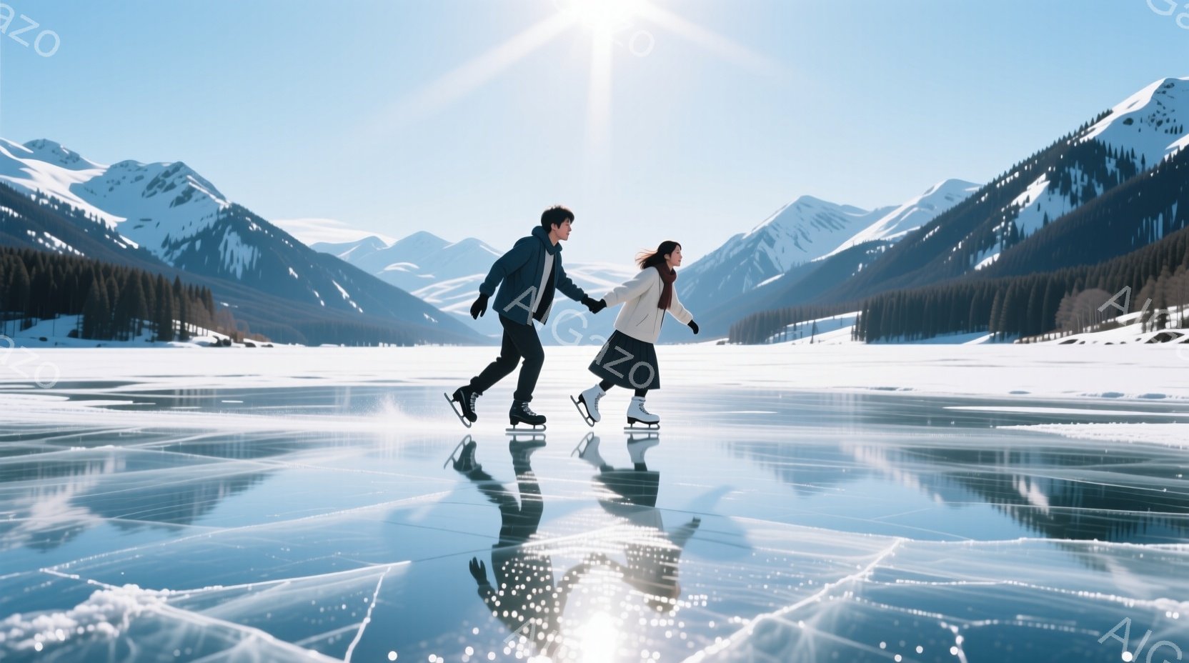 凍った湖の上を男女が手をつないでスケートをしている様子が描かれている。男性は濃い青色のジャケットと黒いズボンを着用し、女性はダークブラウンの髪を後ろでまとめ、白いスカートとジャケットを着ている。背景には雪を頂いた山々が連なり、晴天の下、氷の湖面が太陽の光を反射してキラキラと輝いている。