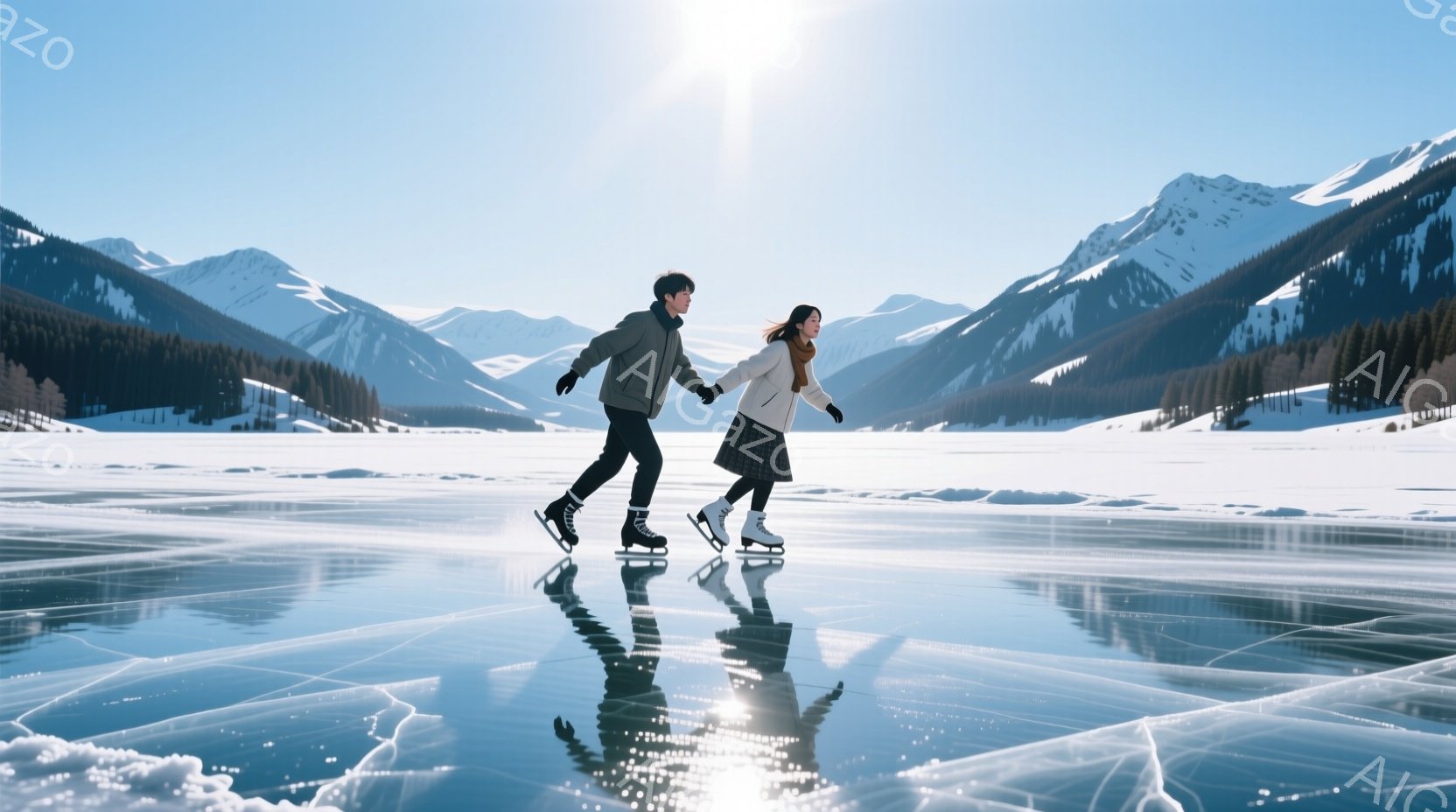 凍てつく湖の上を、若い男女が手をつないでスケートを楽しんでいる。男性は黒いジャケットとズボン、女性は白いセーターと膝丈のスカート姿で、どちらも冬の寒さに備えた服装をしている。背景には雪をまとった山々が - AI生成フリー素材