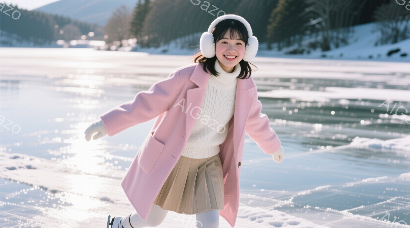 少女はピンク色のコートと白いセーター、ベージュのプリーツスカートを着用し、氷上を滑っている。彼女は白い耳あてをつけており、笑顔で前を見つめている。背景には雪に覆われた山々と凍った湖が広がり、晴れた冬の日の穏やかな雰囲気を醸し出している。