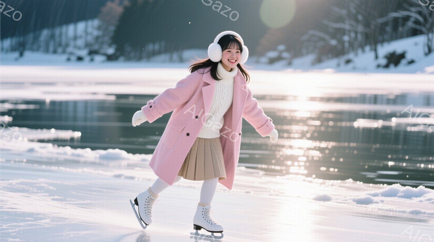 少女はピンク色のコートと白いセーター、淡いピンクのスカートを身に着け、氷上を優雅に滑っている。彼女は頭に白い耳あてをつけ、笑顔を見せ、軽快なステップでスケートを楽しんでいる。背景には雪に覆われた木々と - AI生成フリー素材