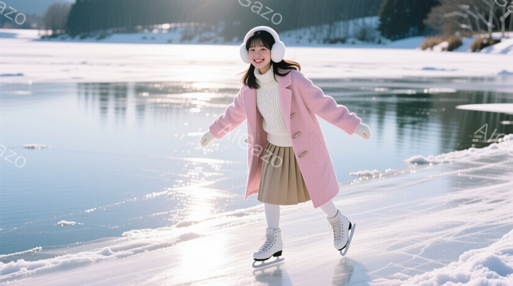 ピンク色のコートとスカートを着た若い女性が、凍った湖の上でスケートを楽しんでいます。彼女は白い帽子と手袋を着用し、笑顔で前を見つめており、冬の寒さにも負けない暖かな雰囲気を醸し出しています。背景には雪に覆われた森林が広がり、冬の日の穏やかさと輝きが感じられます。