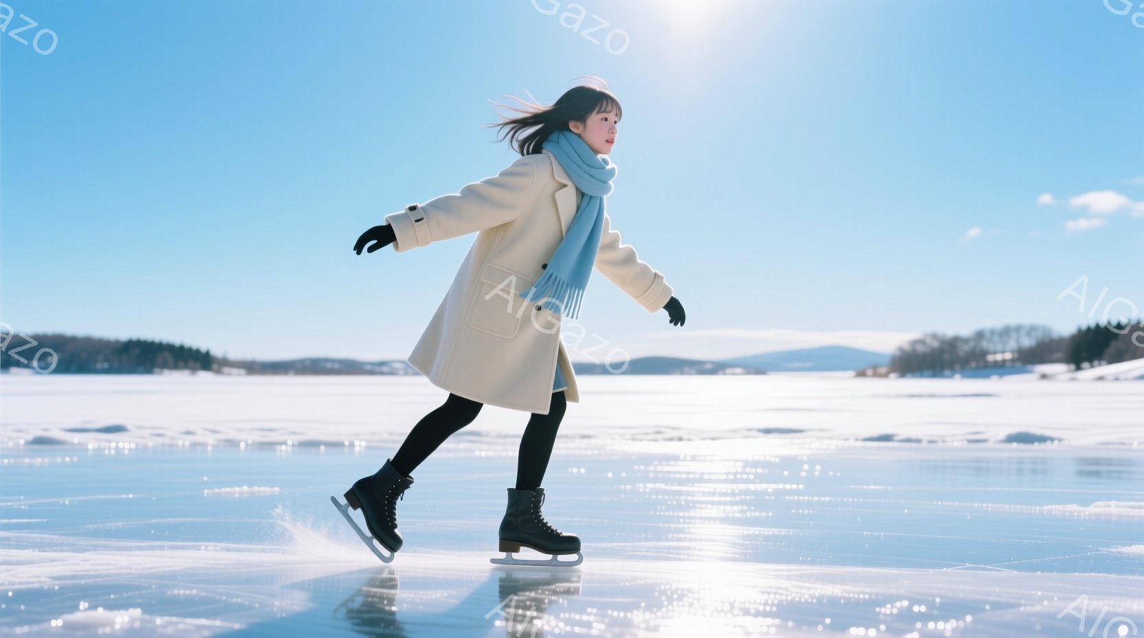 白いコートと黒いレギンスを身に着けた女性が、凍った湖の上でフィギュアスケートを楽しんでいる。彼女は髪を後ろでまとめ、青いスカーフを首に巻いており、力強く滑る姿は、冬の澄んだ空気の中で輝いている。背景に - AI生成フリー素材