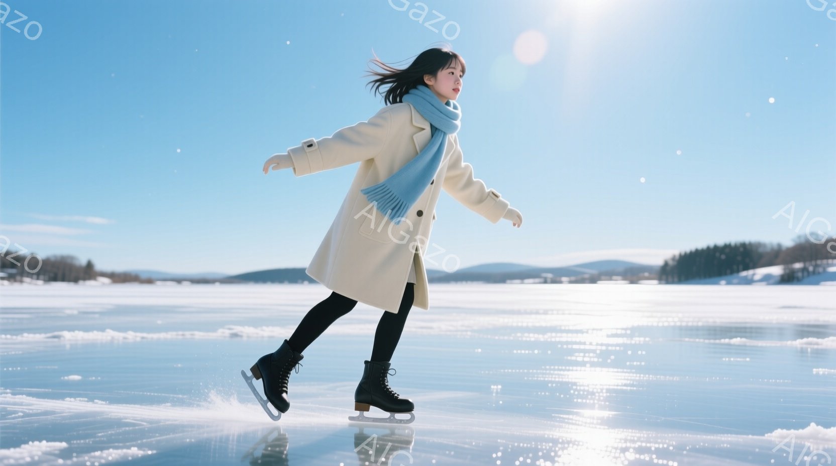 白いコートと黒いレギンスを身につけた女性が氷上を優雅にスケーティングしている。彼女は長い黒髪を後ろでまとめ、空色のマフラーを巻いている。背景には雪を頂いた山々と白い空が広がり、冬の穏やかな一日を描いている。