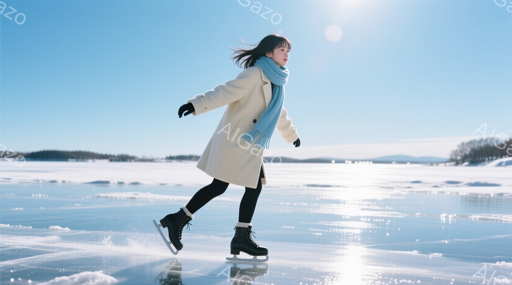 白いコートと黒いレギンスを着用した女性が、凍った湖の上で優雅にスケートをしている。彼女は肩に水色のマフラーを巻き、黒いブーツを履いており、髪は風になびいている。背景には雪に覆われた山々と青空が広がり、冬の澄んだ空気と静寂が感じられる。