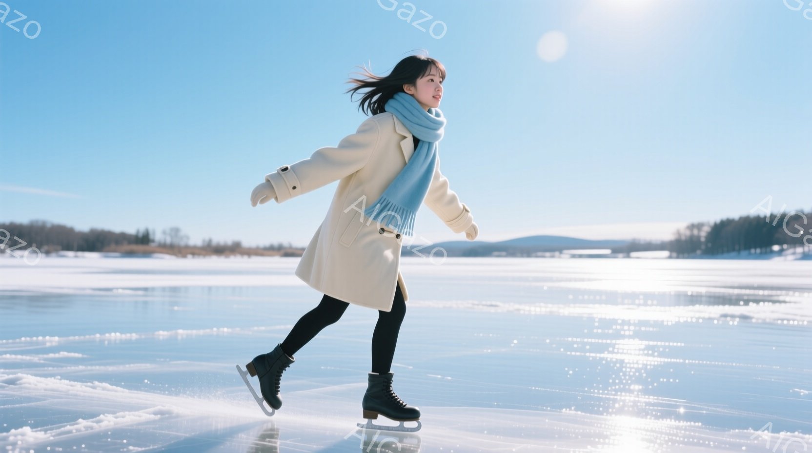 長い黒髪をなびかせ、クリーム色のコートと黒いレギンスを身に着けた女性が氷上をスケーティングしている。彼女は左足を前に出し、体を少し傾けながら滑走しており、表情ははっきりと見えないものの、リラックスした雰囲気が伝わってくる。背景には雪に覆われた平原と、遠くに見える木々が広がっており、晴天の下、光が氷面を反射してキラキラと輝いている。