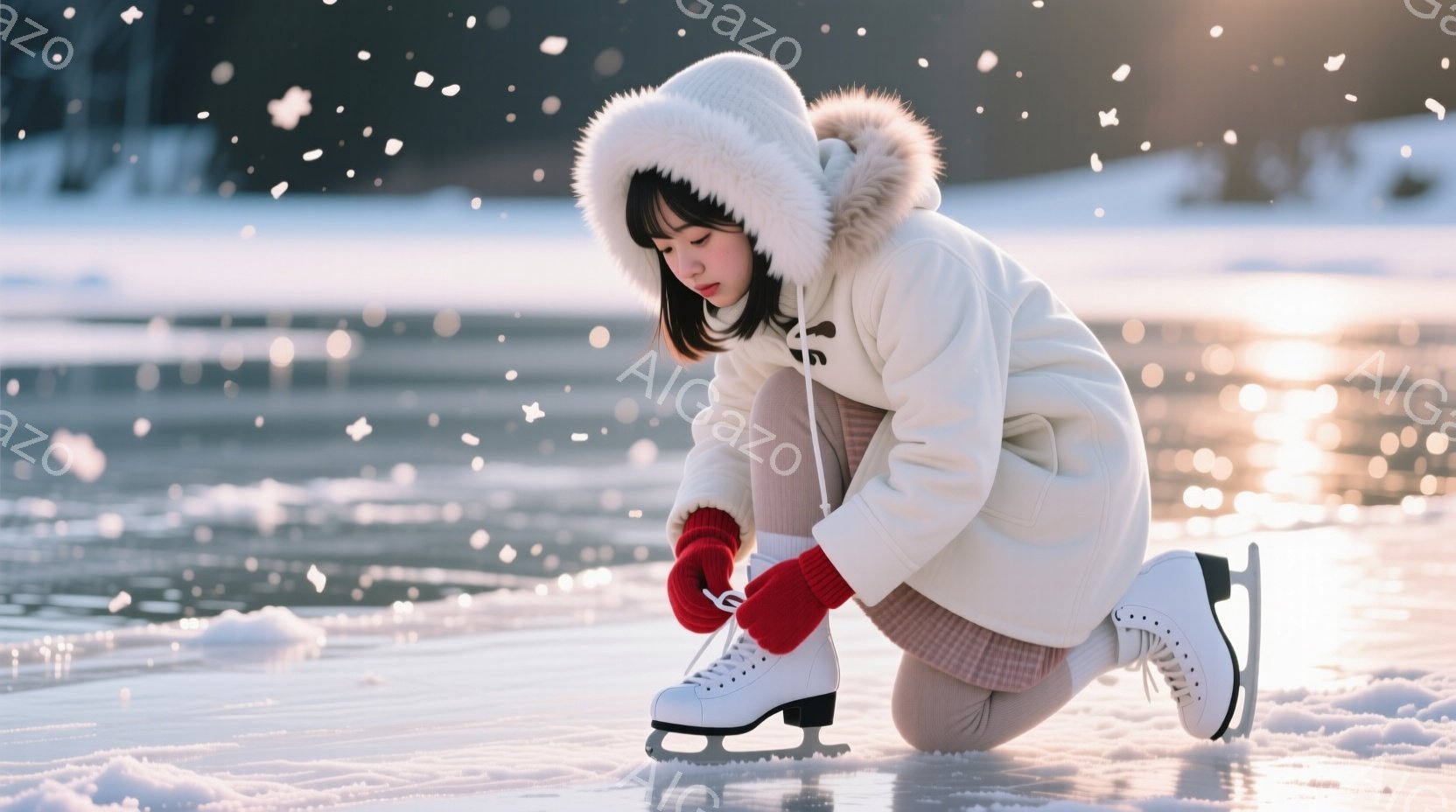 白いファー付きのフード付きジャケットを着た若い女性が、凍った湖の上でスケート靴の紐を結んでいます。彼女はピンク色のスカートと白いズボンを着用し、赤い手袋をはめています。背景は雪が降る冬の風景で、遠くに - AI生成フリー素材