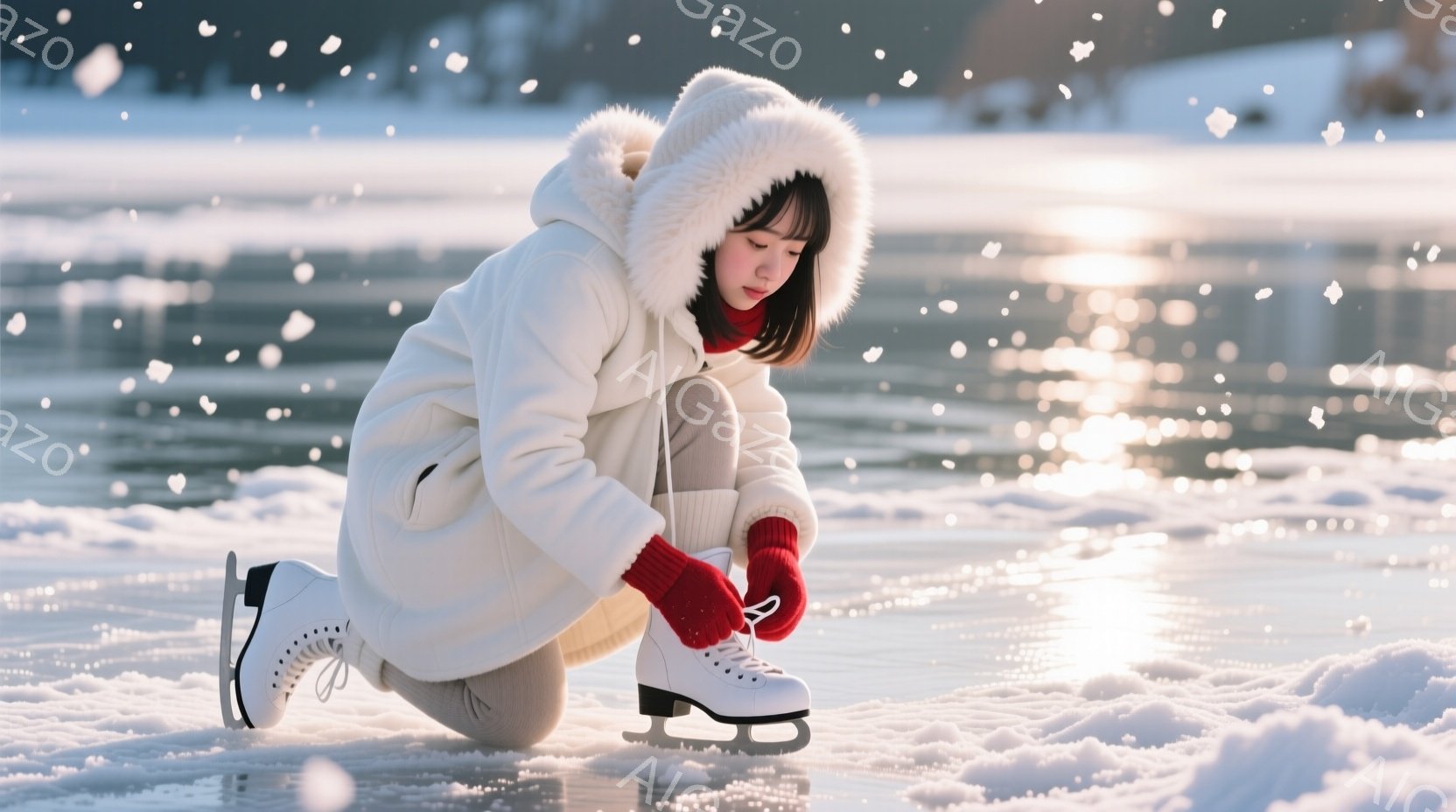 白いダウンジャケットを着て、フードを深く被った女性が氷上に膝をついてスケート靴の紐を結んでいます。彼女は赤い手袋を着用しており、黒髪は外に出た毛先が少しだけ見えています。背景には凍りついた湖面が広がり、遠くにはぼんやりとした山並みが確認でき、雪が舞い散る冬の穏やかな雰囲気が漂っています。