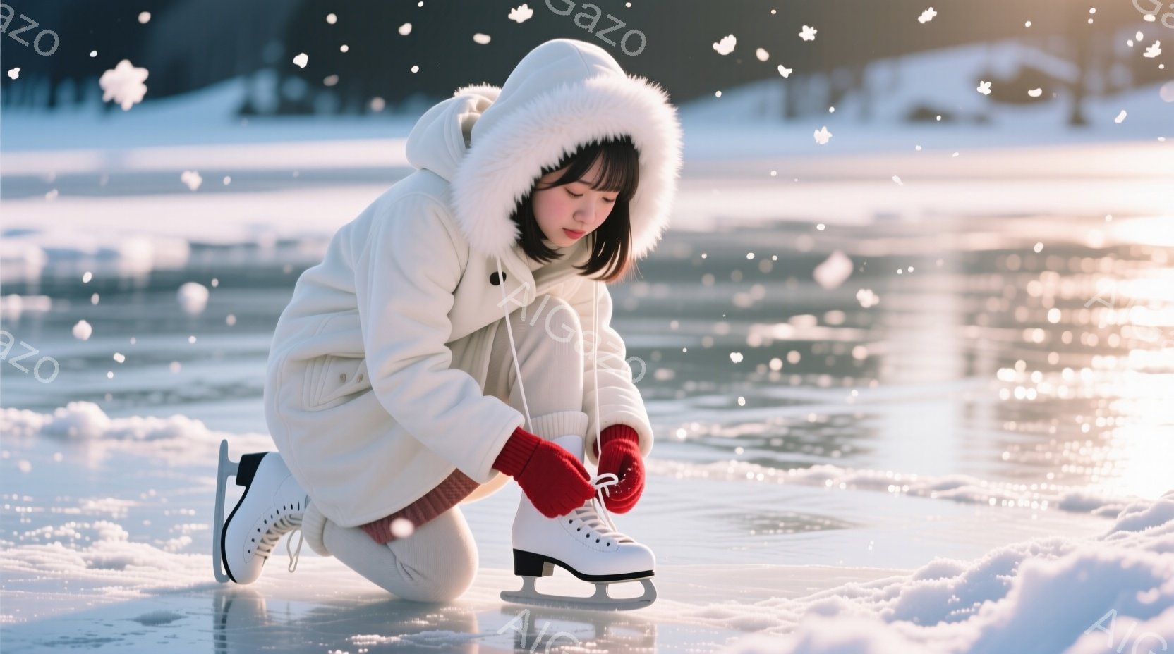 白いダウンジャケットを着た若い女性が、凍った湖の上でスケート靴の紐を結んでいます。彼女は白い髪を持ち、顔を下げて集中している様子で、赤い手袋がアクセントになっています。背景には雪景色が広がり、薄明かりが差し込み、静かで幻想的な雰囲気を醸し出しています。