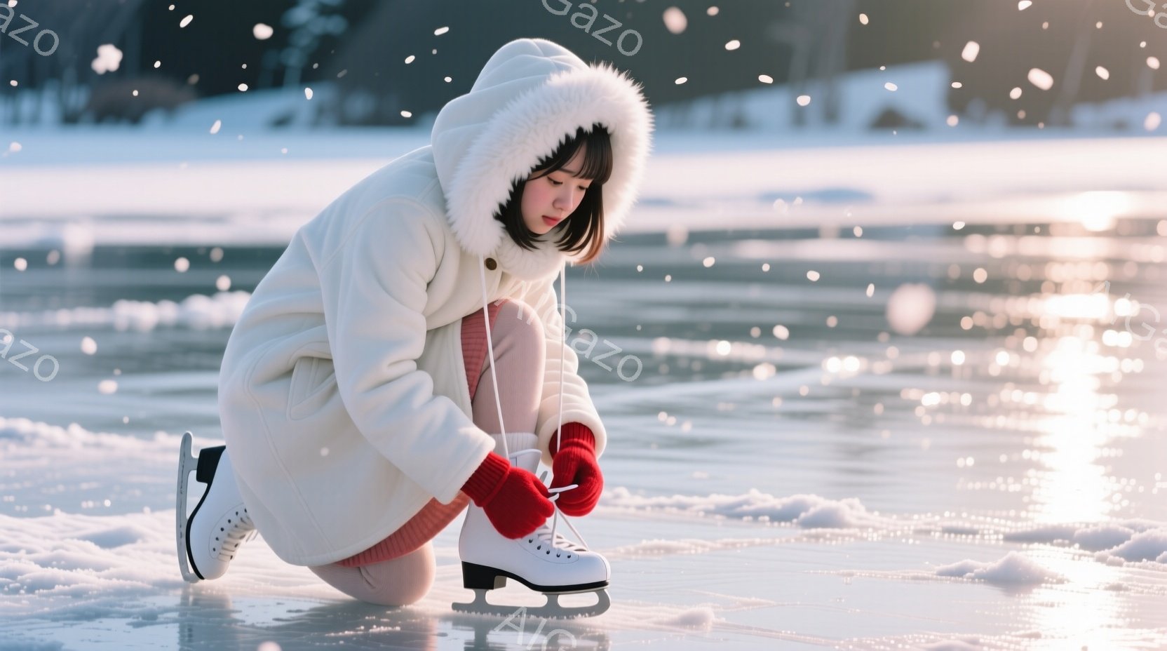 白いファー付きのフード付きコートを着た若い女性が、スケート靴の紐を結びながら膝をついて座っています。彼女は長い黒髪を後ろに垂らし、真剣な表情で靴に集中しています。背景は凍った湖で、遠くにぼんやりと木々が見え、雪が舞っている様子から冬の冷たい空気を感じさせます。