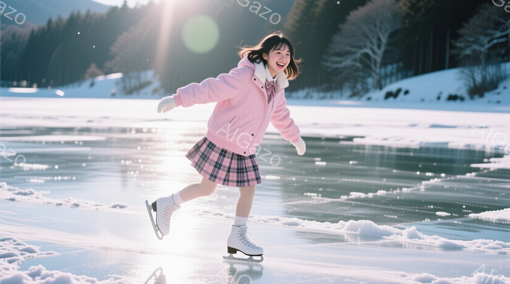 少女は氷上を優雅に滑っている。ピンクのジャケットにチェック柄のスカート、白いスケート靴を身につけ、明るい笑顔を見せている。背景には雪をまとった山々が広がり、晴れた冬の日の穏やかな雰囲気を醸し出している。